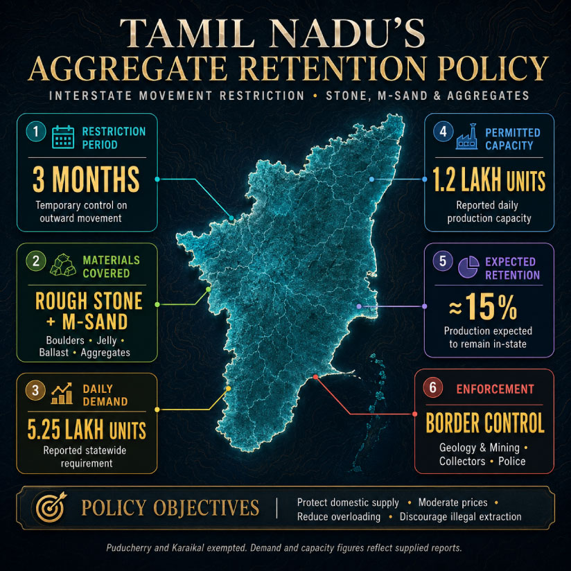 The government has imposed a three-month restriction on transporting rough stone and construction aggregates to neighbouring states, while exempting Puducherry and Karaikal.